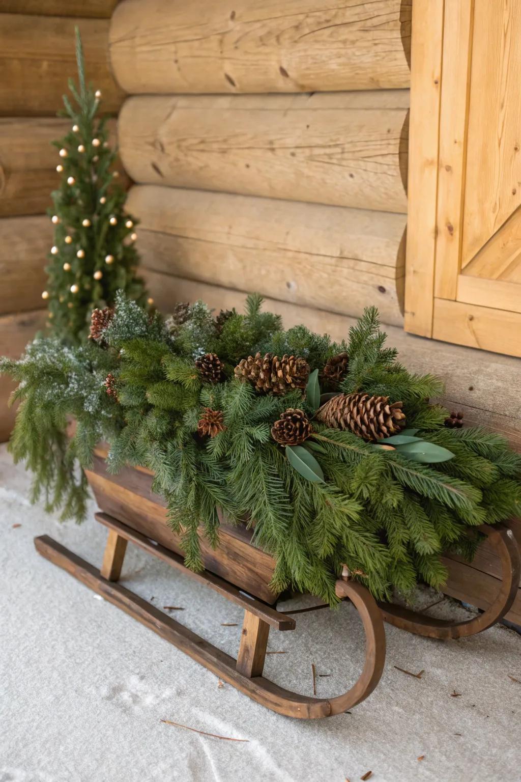 A country-style sled embellished with foliage and coniferous cones, delivering a natural feel