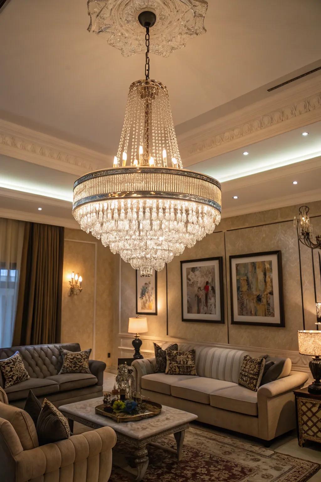 An elegant living area showcasing a dazzling, statement luminaire.