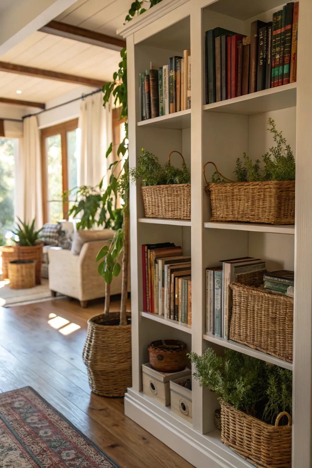 Baskets refine the aesthetic of every bookshelf.