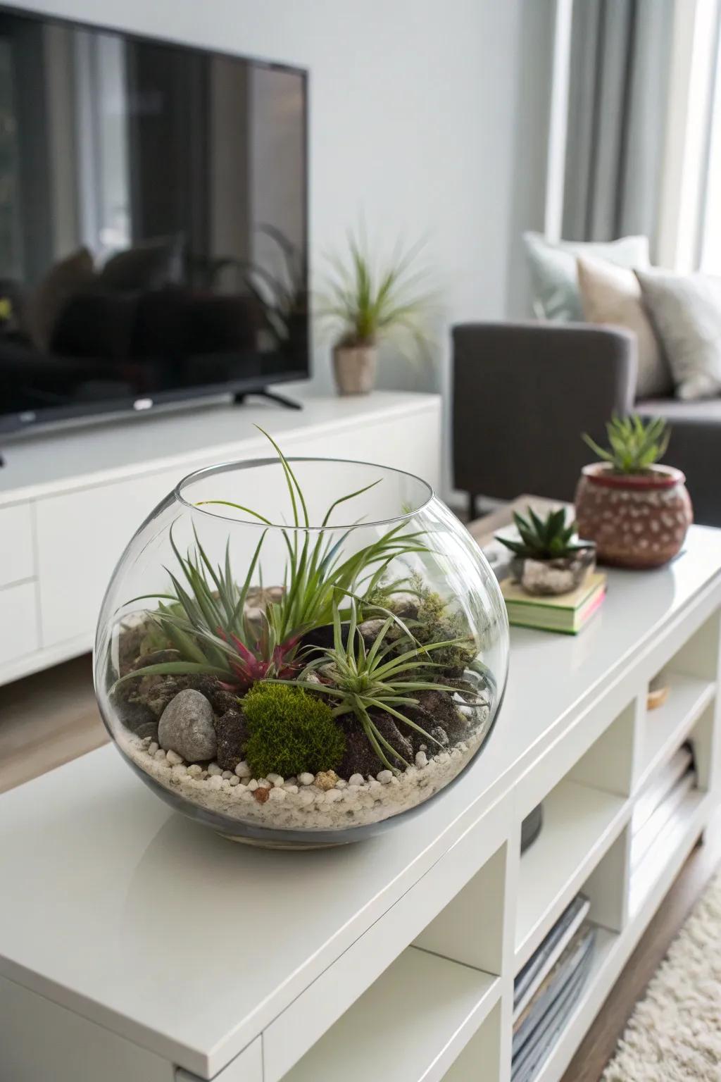 A glass terrarium displaying air plants, exemplifying minimalist decor.