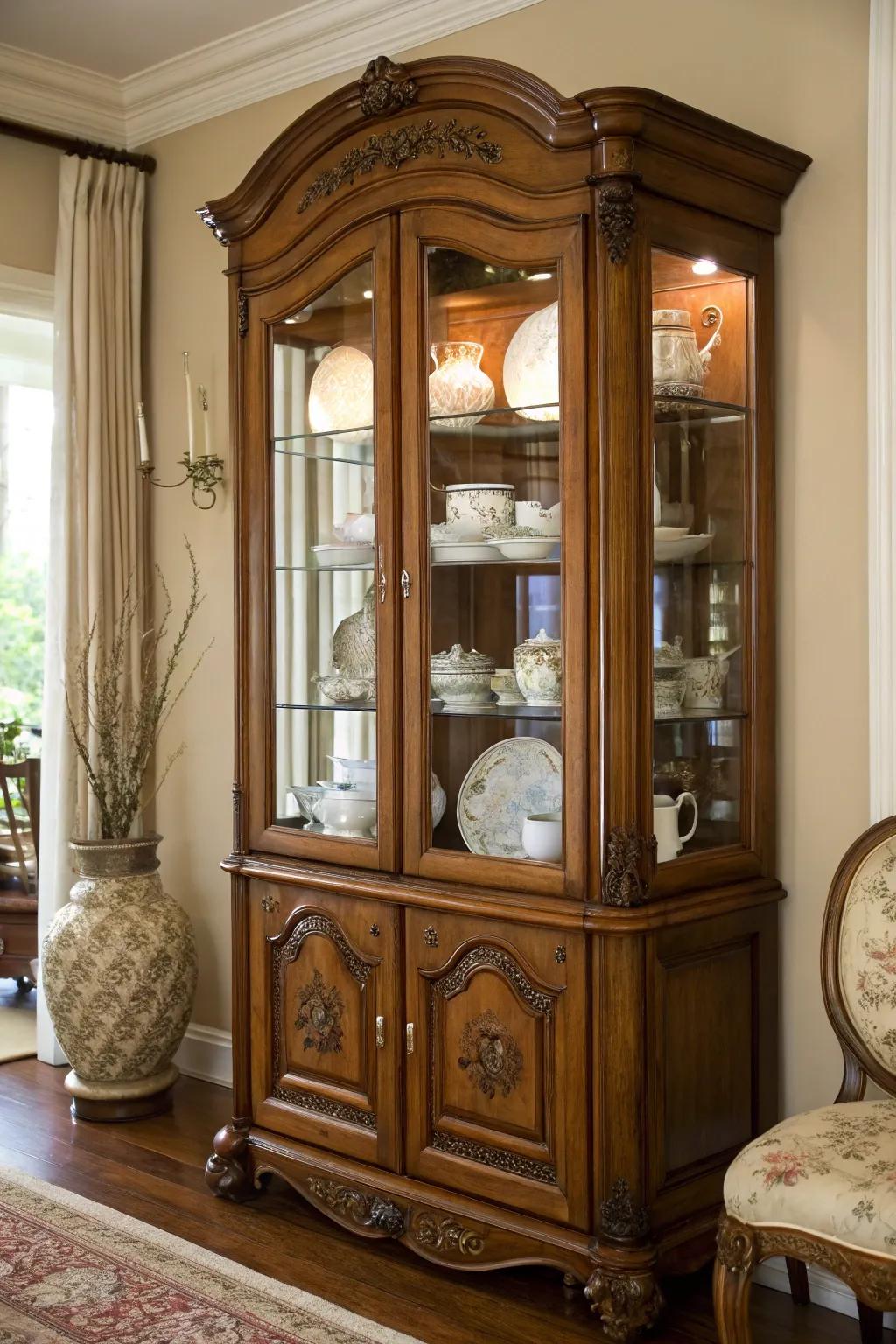 A traditional wooden china cabinet exhibiting a thoughtfully arranged collection of china behind glass.