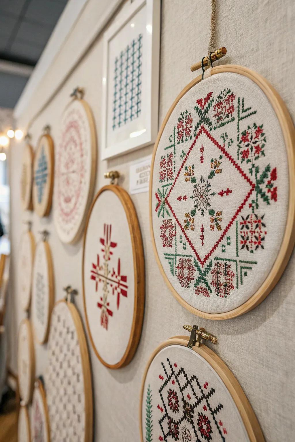 Embroidery hoops transform cross stitch into captivating wall displays