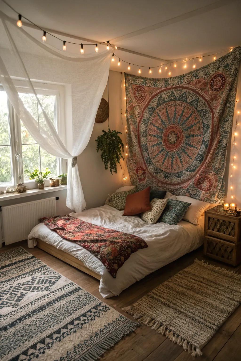 A fabric art piece used as a headboard imparts character and warmth to your bedroom.