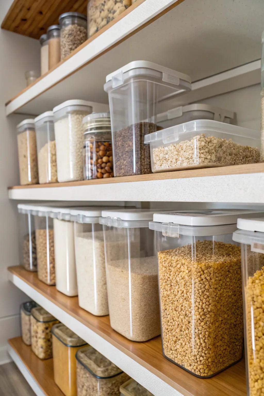 See-through containers showcase essential pantry items such as grains and cereals with elegance.