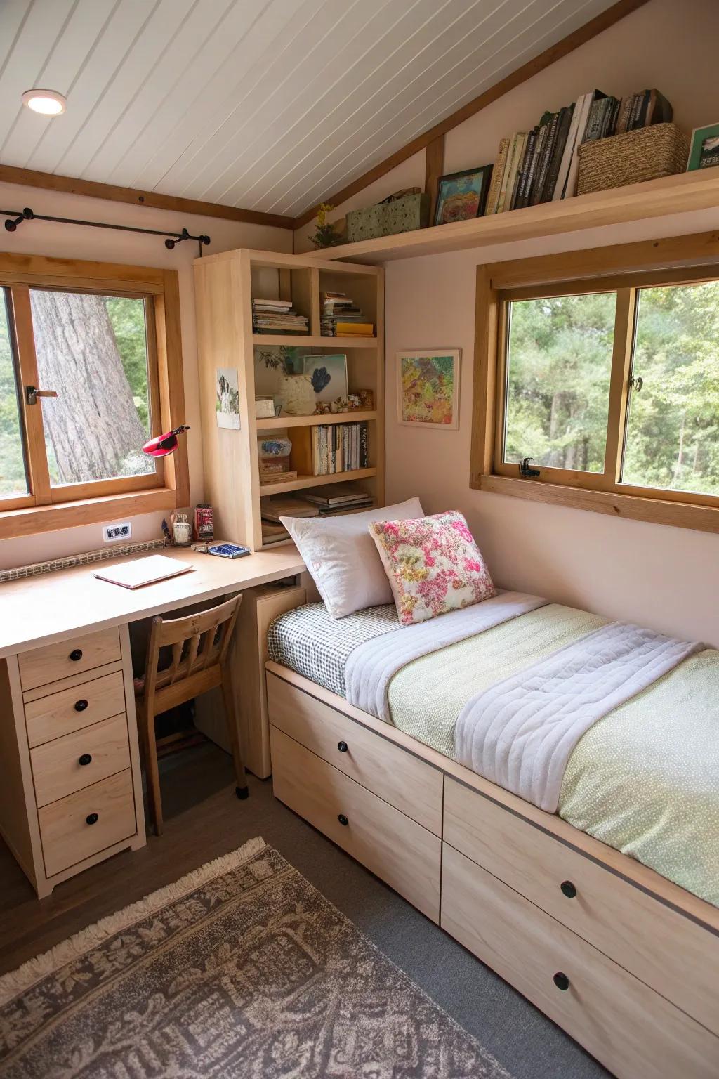 A versatile bed enhanced with integrated storage capabilities.