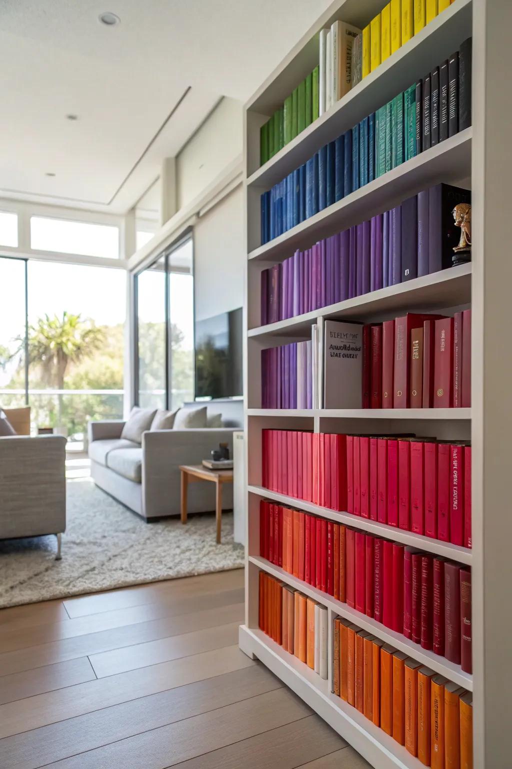 A vibrant array of books enlivens a contemporary living space