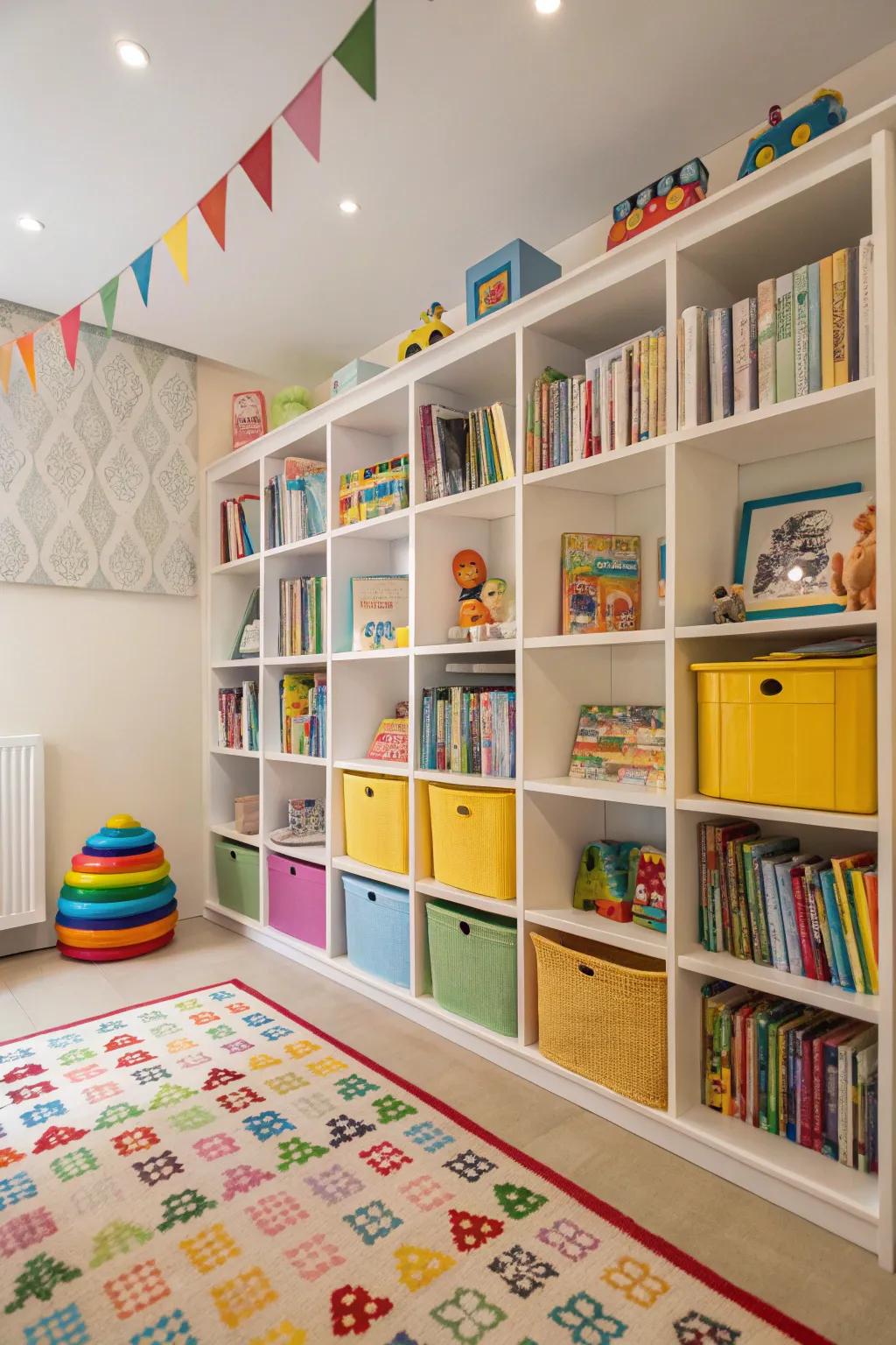 Tall storage units effectively make use of vertical space in a kid's room.