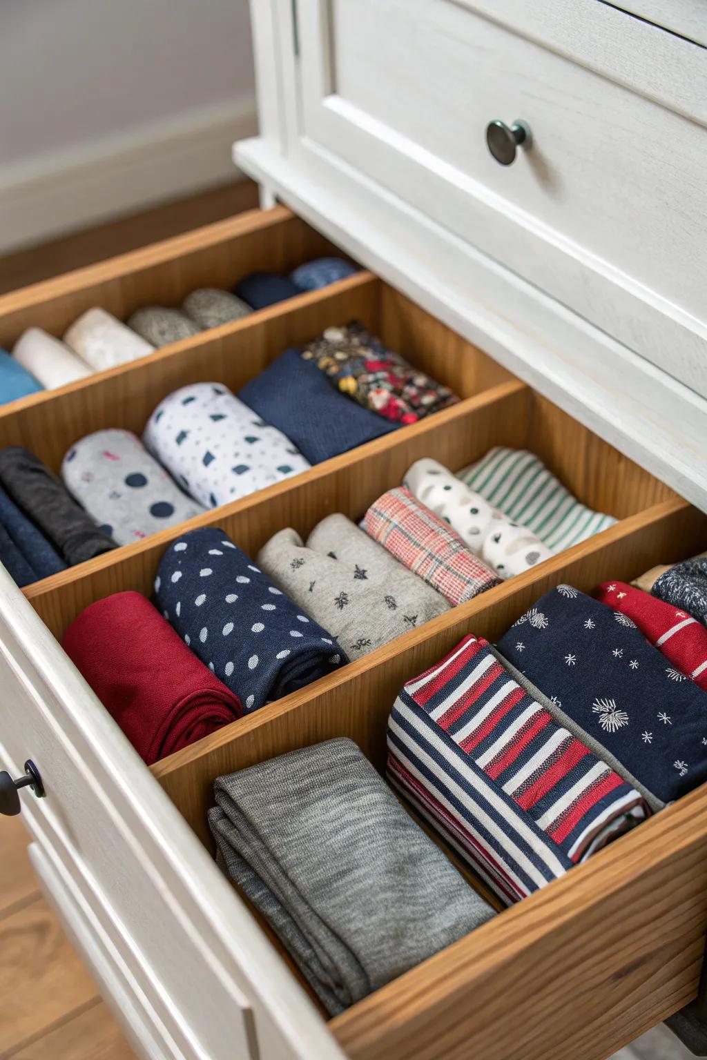 Drawer dividers ensure your socks stay neatly organized and accessible.