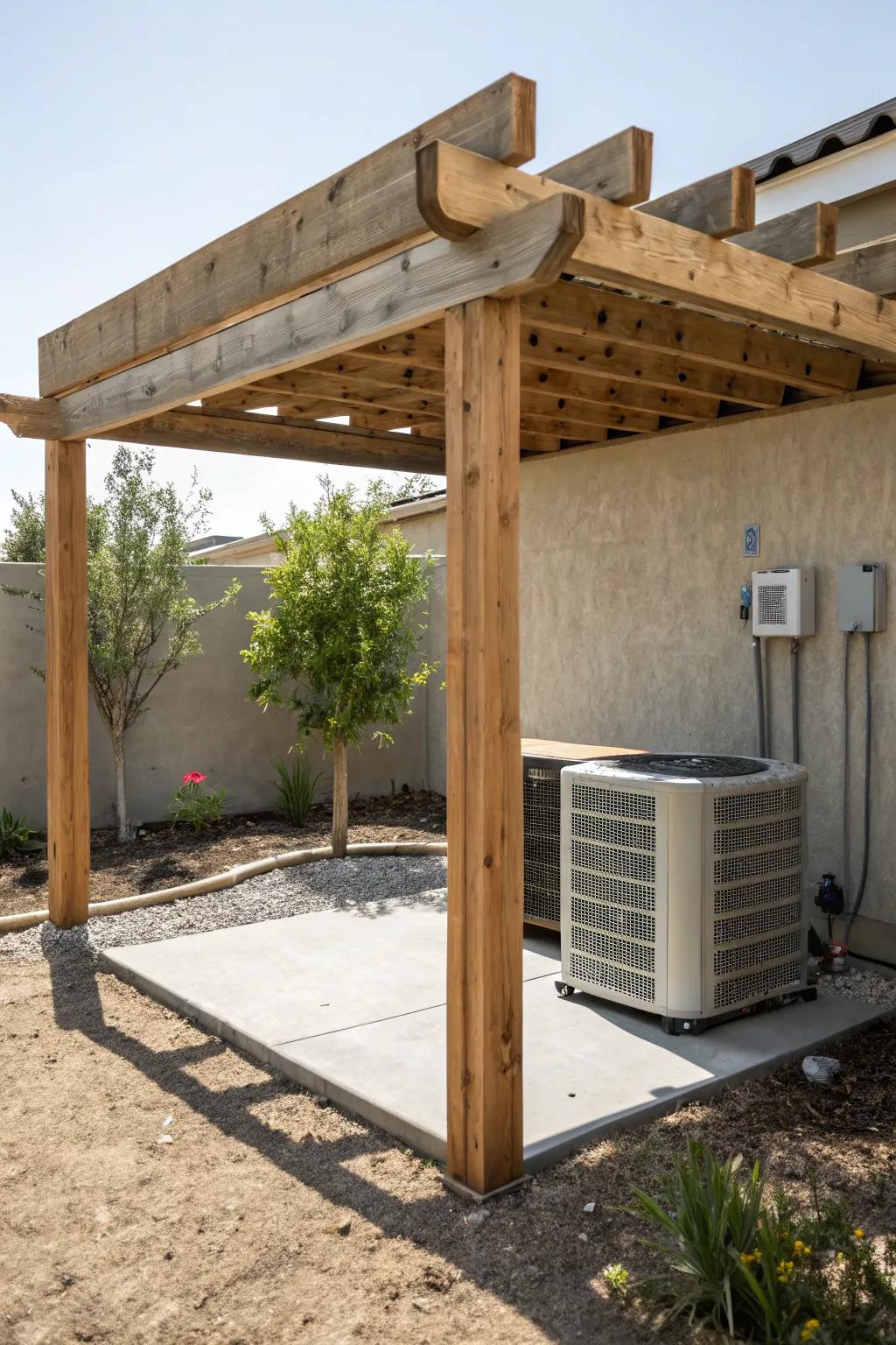 A timber frame provides effective shading for an exterior AC unit.