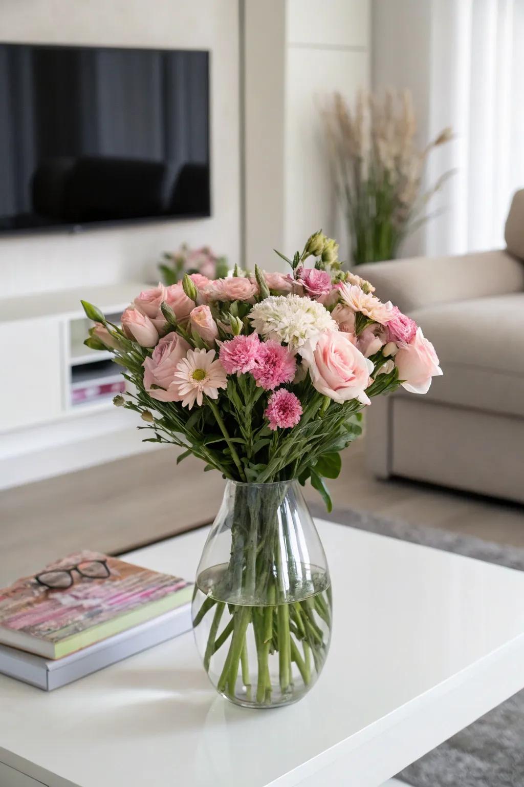 A sophisticated monochromatic array of pink blossoms in a clear vase.