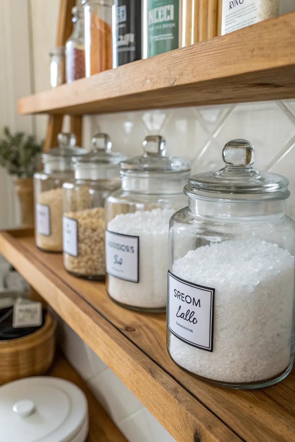 Elegant glass containers displaying various Revitalizing salts