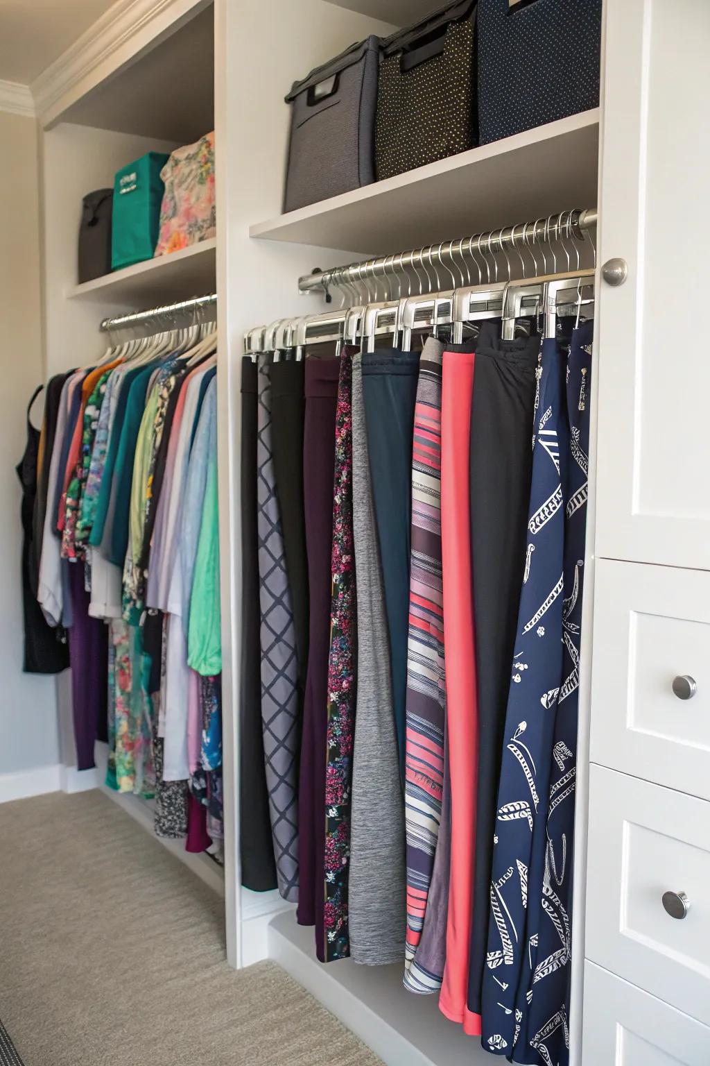 Utilize vertical hanging to optimize wardrobe space and enhance access to your leggings.