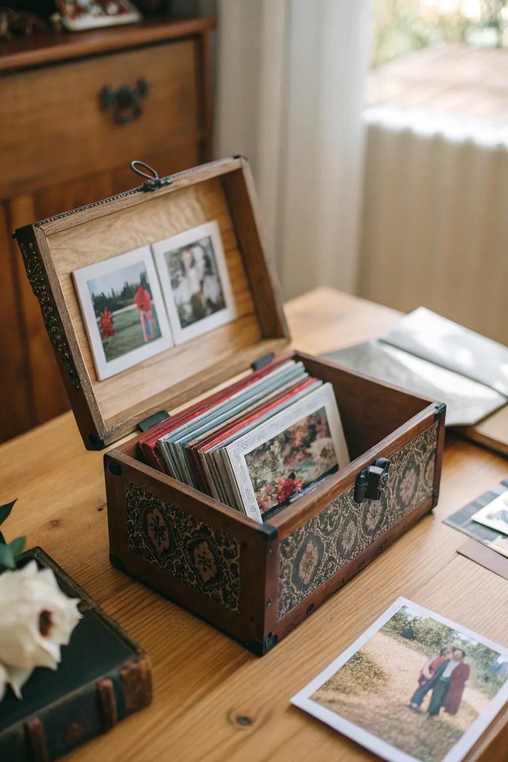 Elegant photo boxes provide a charming and practical storage solution.