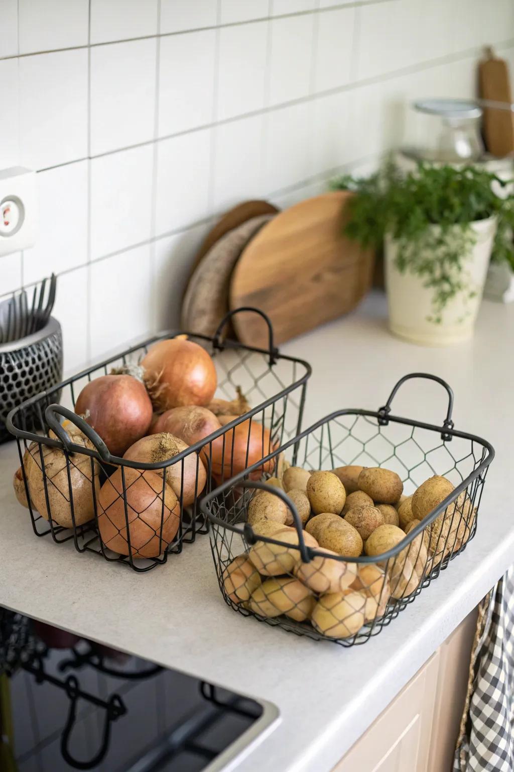 Open-work baskets offer outstanding ventilation for the separate storage of onions and potatoes.