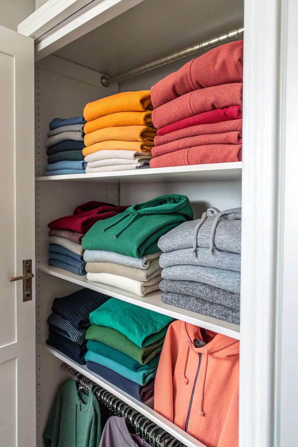 Arrange sweatshirts in neat stacks on adjustable shelves for an orderly appearance.