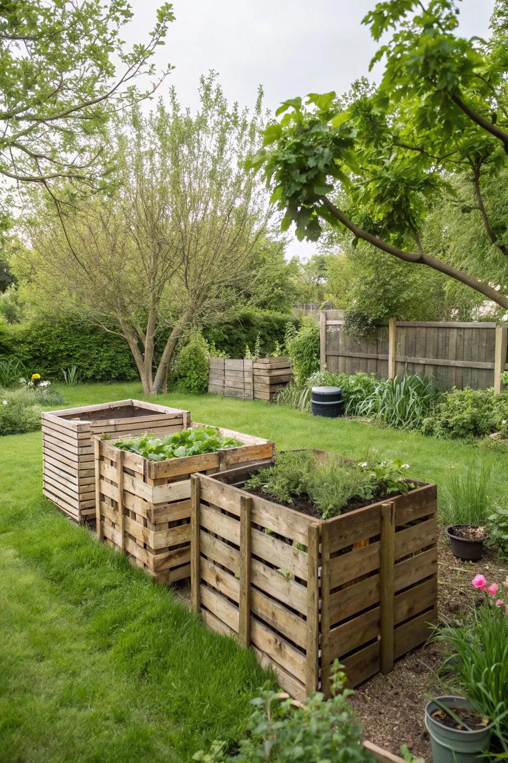 A backyard setup with three wooden containers, perfectly arranged for effectively handling compost at various maturation stages.