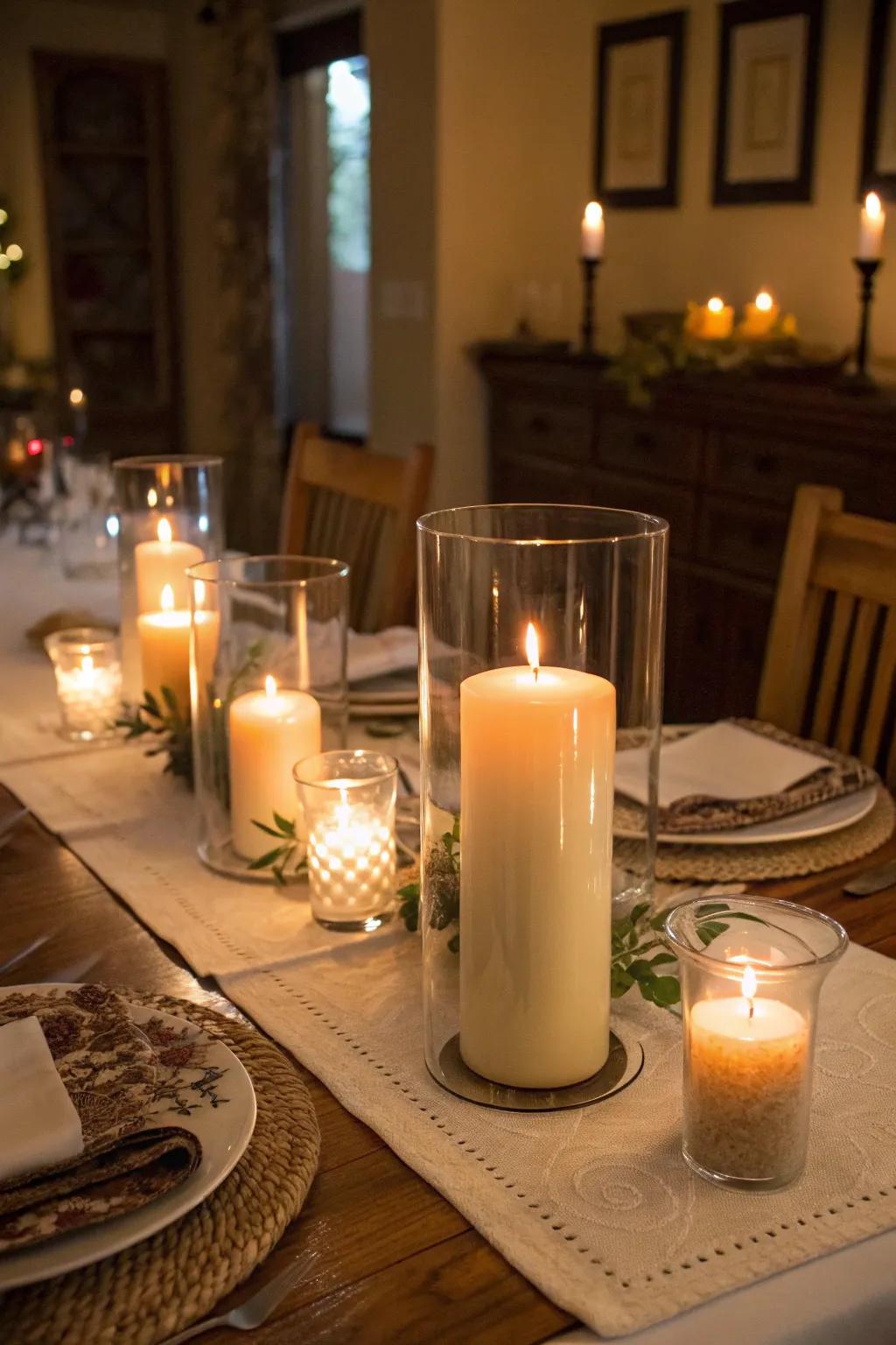 Pillar candles displayed in hurricane vases provide a cozy radiance to any dining setting.