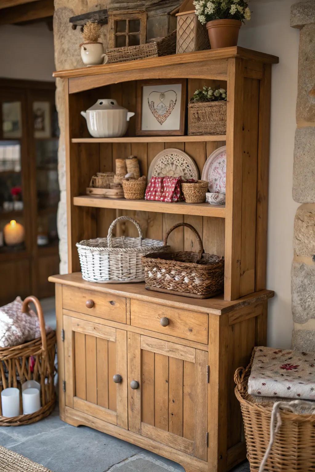 A rustic hutch, crafted from wood, showcases the beauty of natural components.
