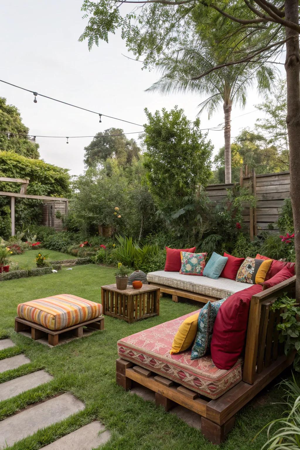 An inviting seating area adorned with vibrant cushions beckons one to unwind in elegance.