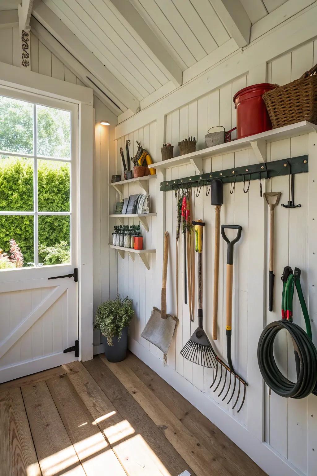Wall-secured storage transforms a disorganized tool storage into a neat space.