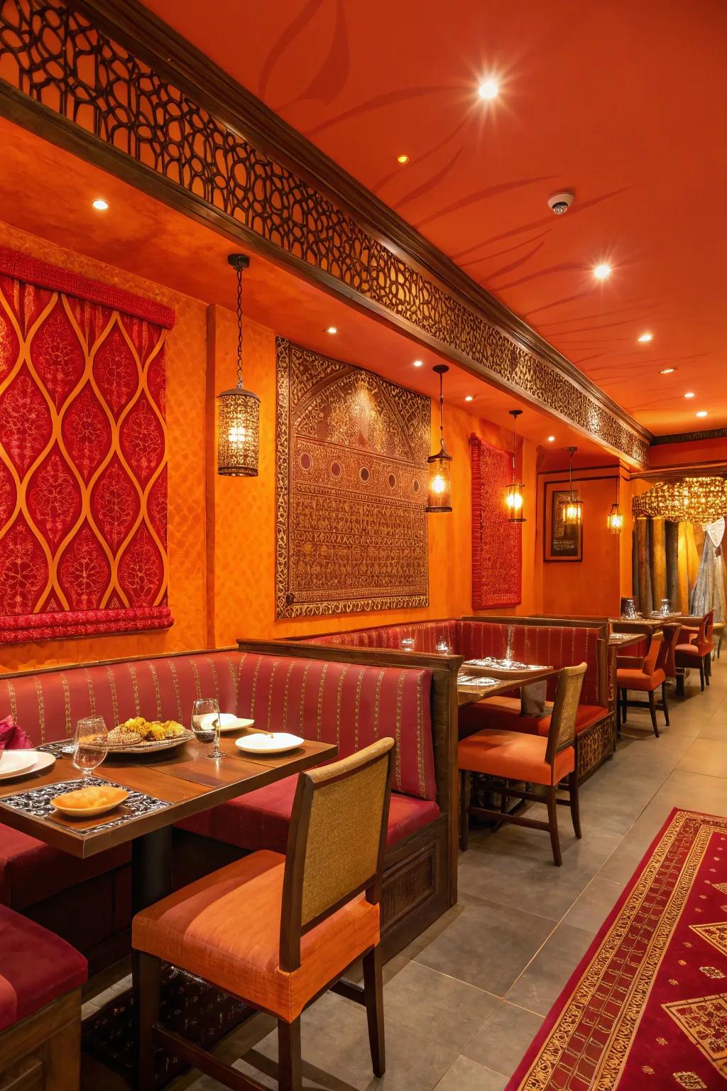 The interior of an Indian restaurant showcases a striking color scheme of intense orange and red.