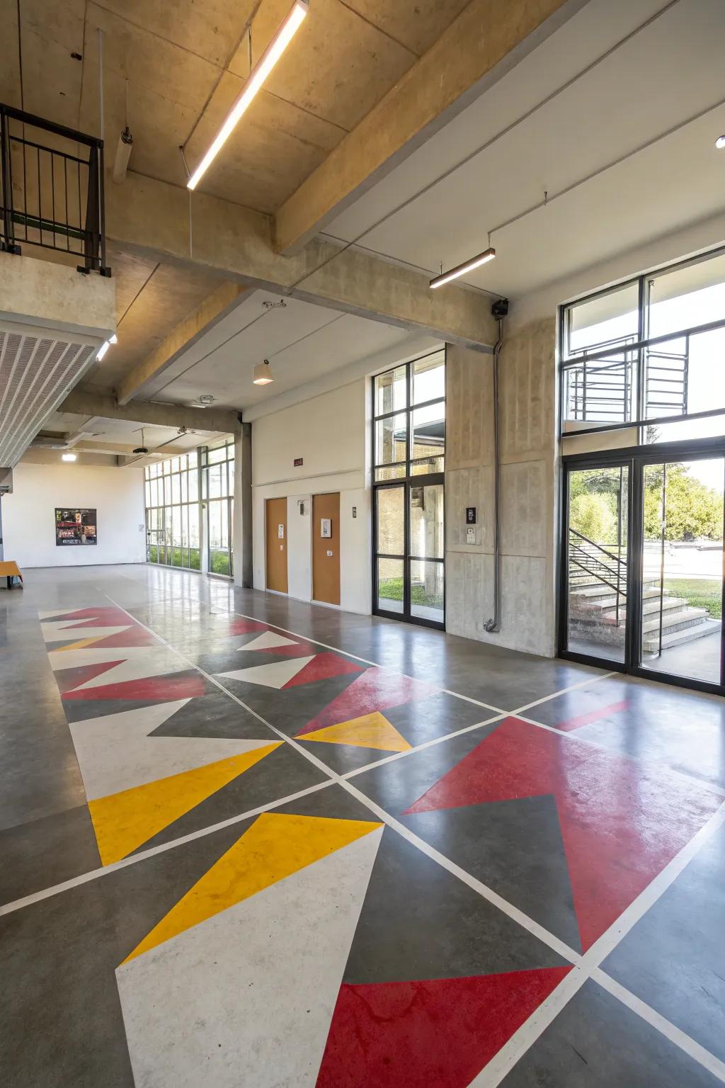 A captivating geometric design on a concrete floor introduces a modern element to the area.