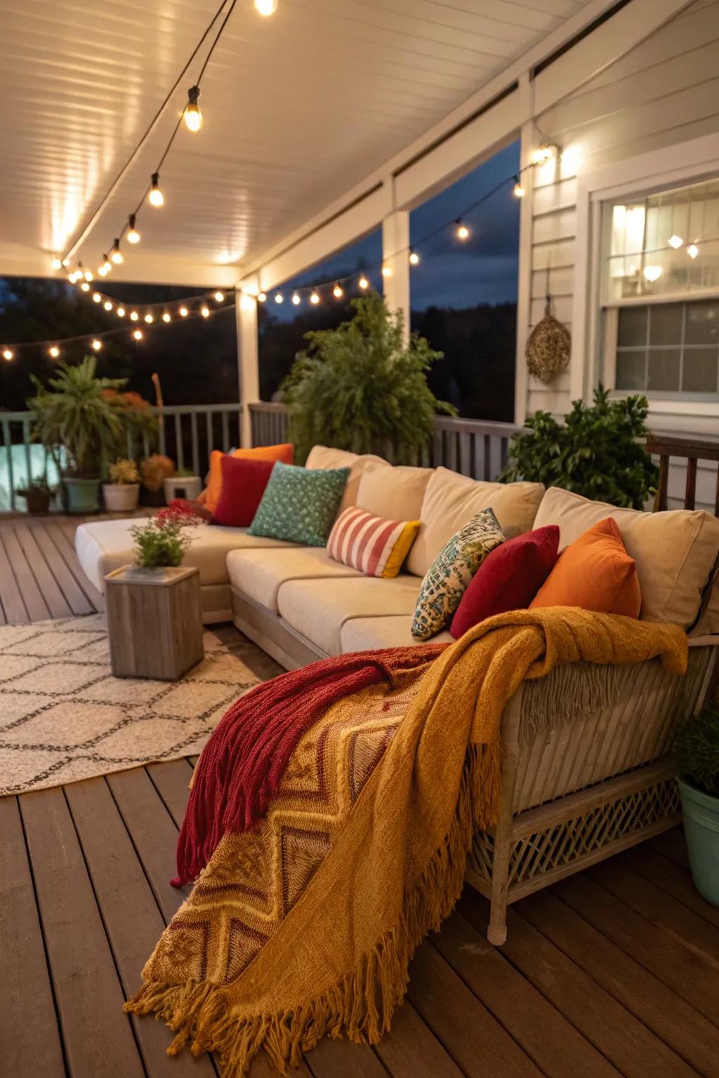 A snug seating space on an indoor deck, ideal for unwinding.