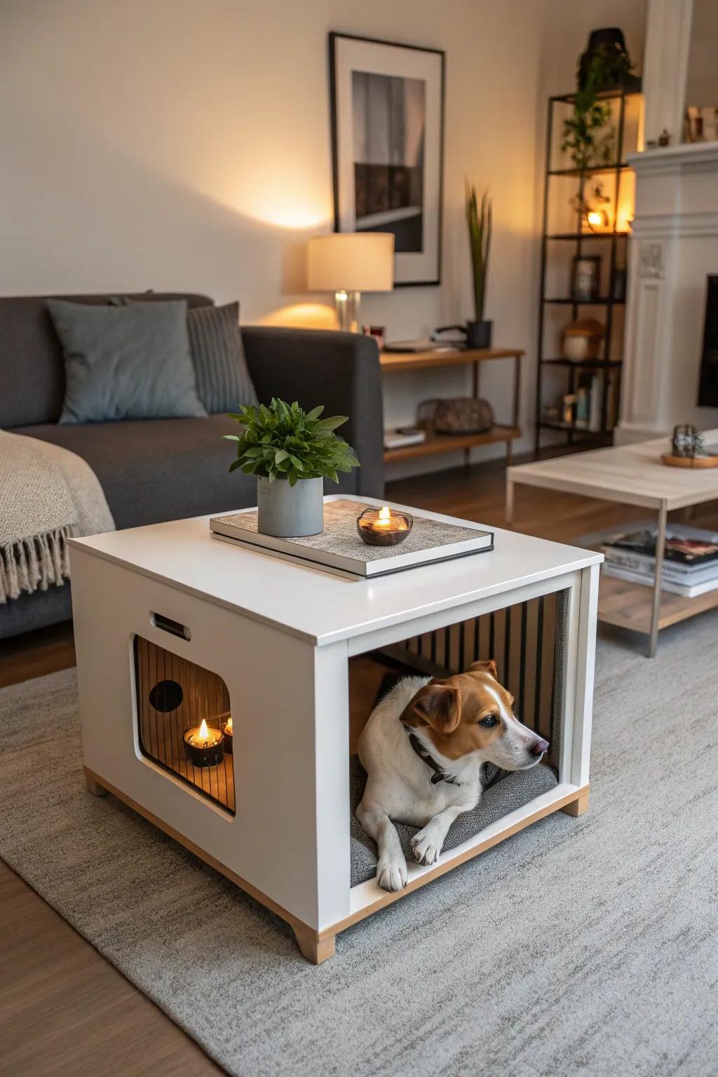 A dual-function center table ensures your dog's proximity while upholding your décor's sophistication.