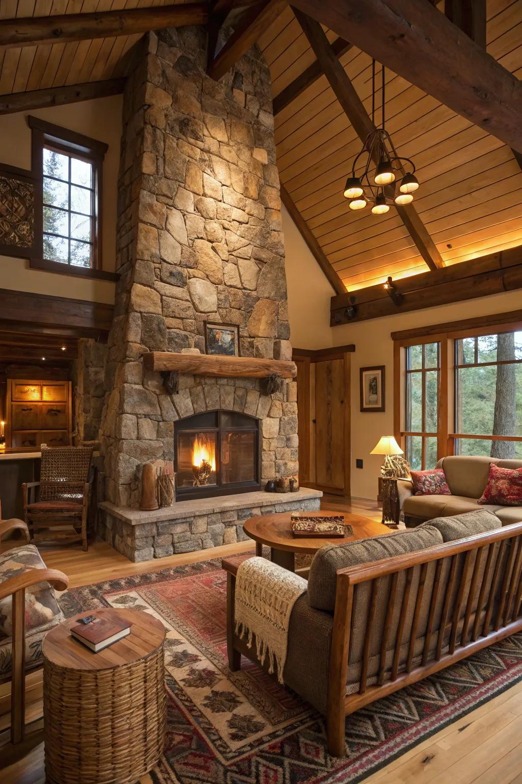 A rustic living space with a stately stone fireplace serving as its primary focal point.