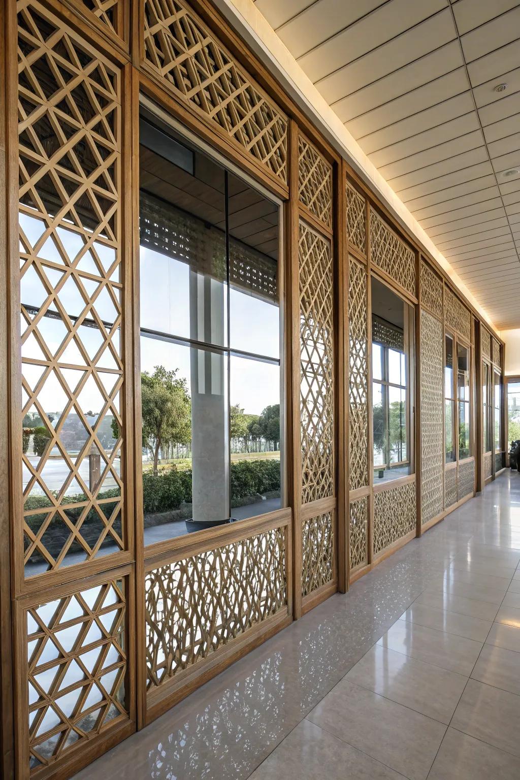 Lattice wall accentuated with mirrors, artfully creating the illusion of expanded space and enhanced light.