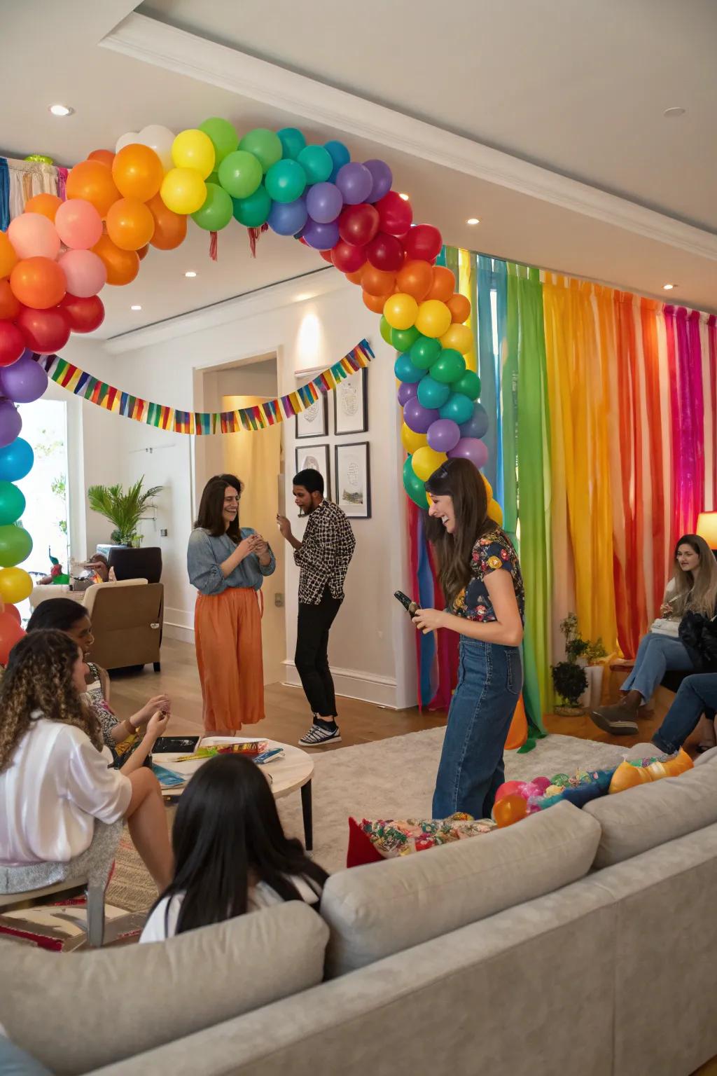 A spirited indoor celebration highlighted by a vibrant visual center and inflated garland.