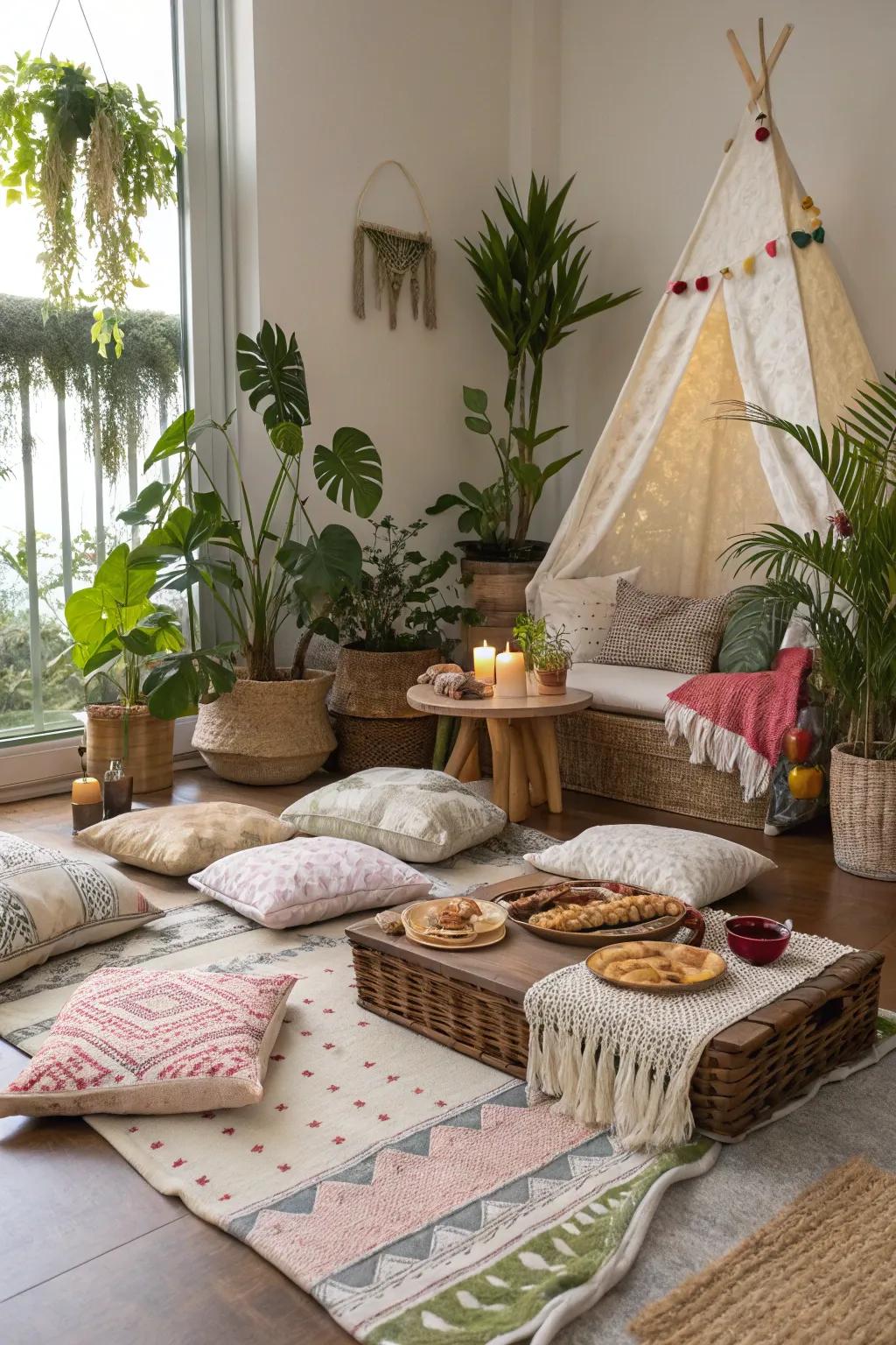 Lush blankets and cushions produce a snug indoor picnic atmosphere.