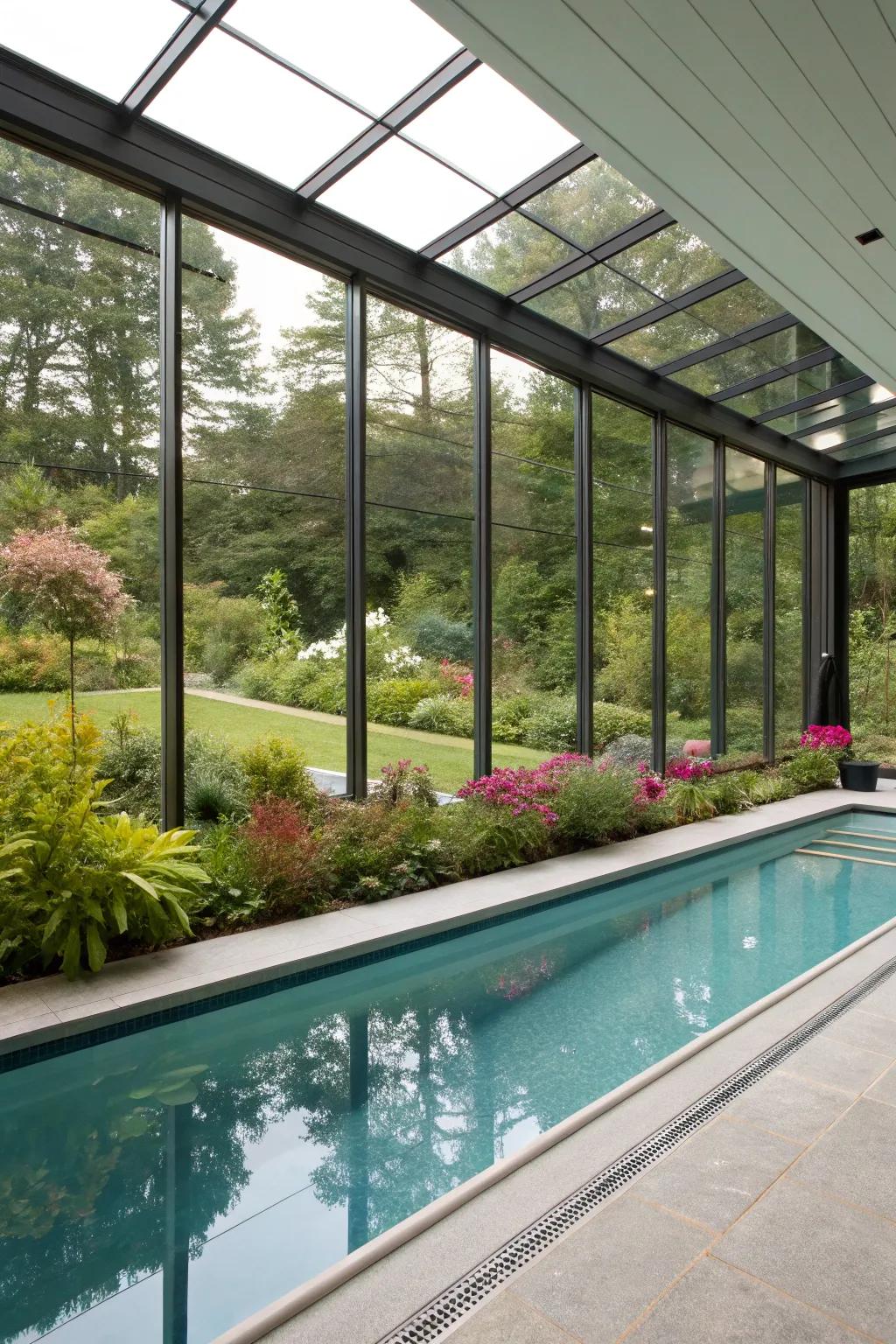 A captivating indoor pool featuring glass walls with a view of the garden.