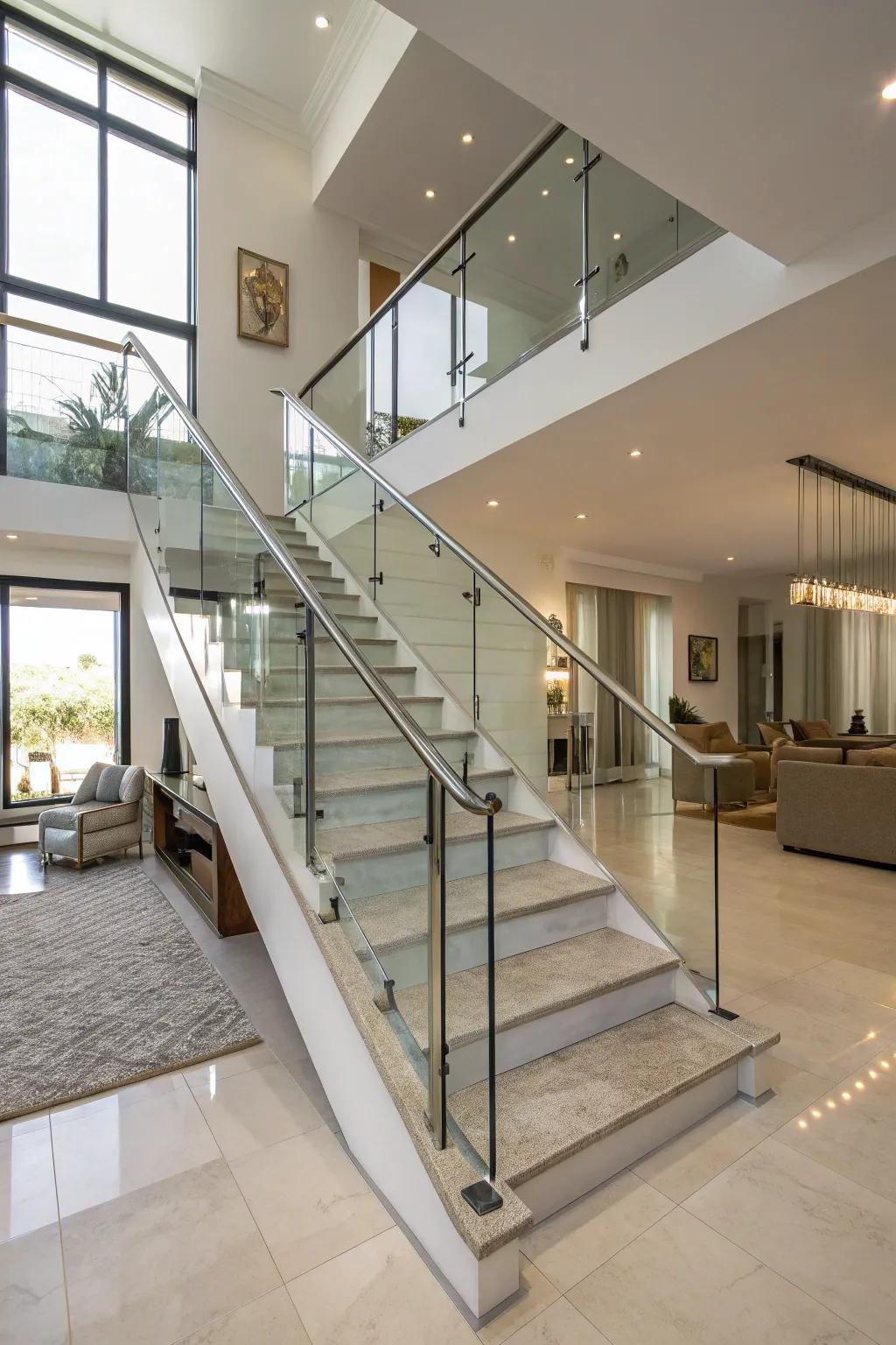 Glass panel stair railings provide a modern and airy design.