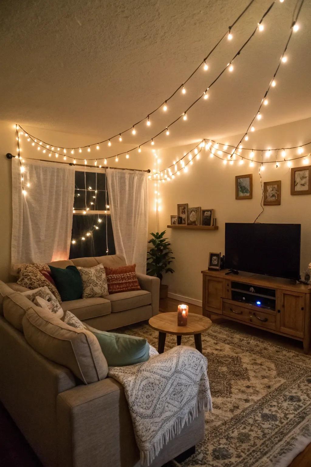 For a cozy ambiance, hang fairy lights along your living room walls.