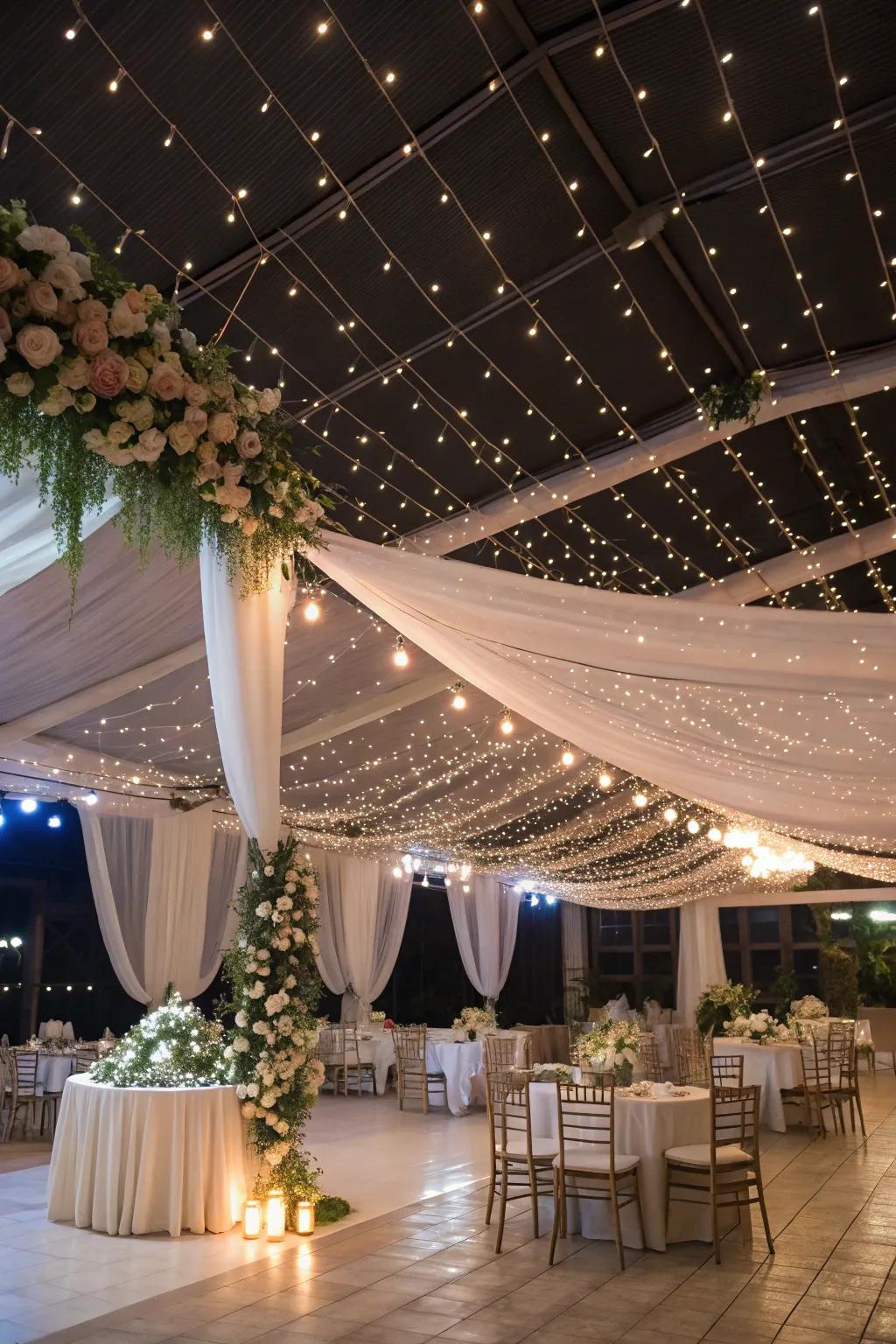 Garland lights projecting a dreamy and starry atmosphere for a wedding.