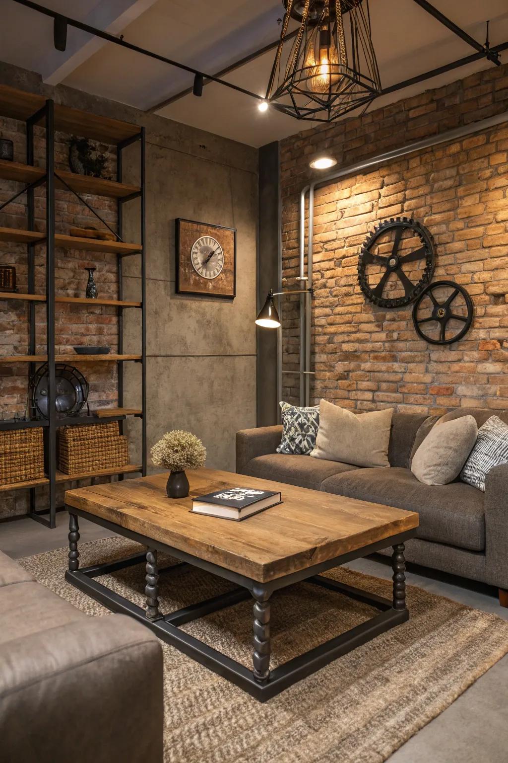 Uncovered brick facades harmonized with contemporary metal accents, epitomizing industrial chic.