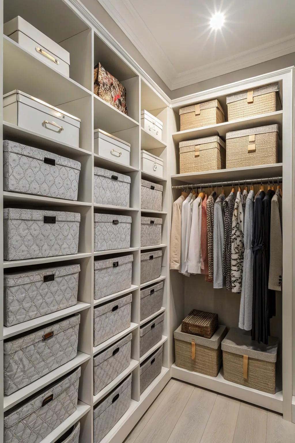 Utilize the full height of your closet with strategically placed high shelves.