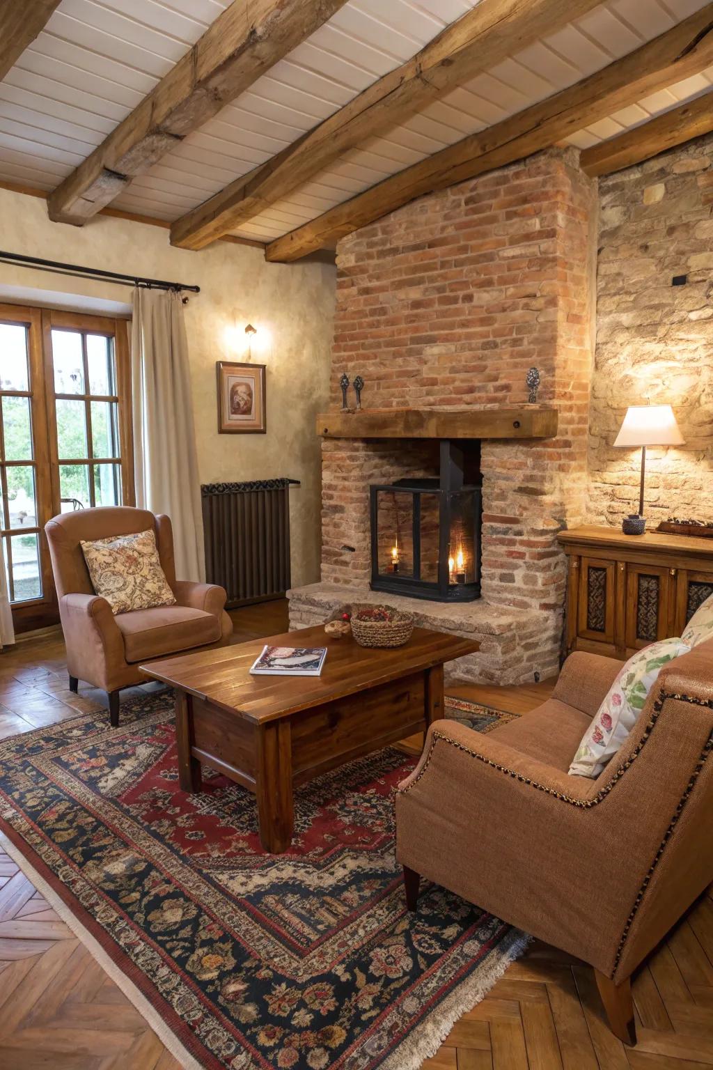 A country-style living room showcasing an exposed brick wall and timber accents for a snug atmosphere.