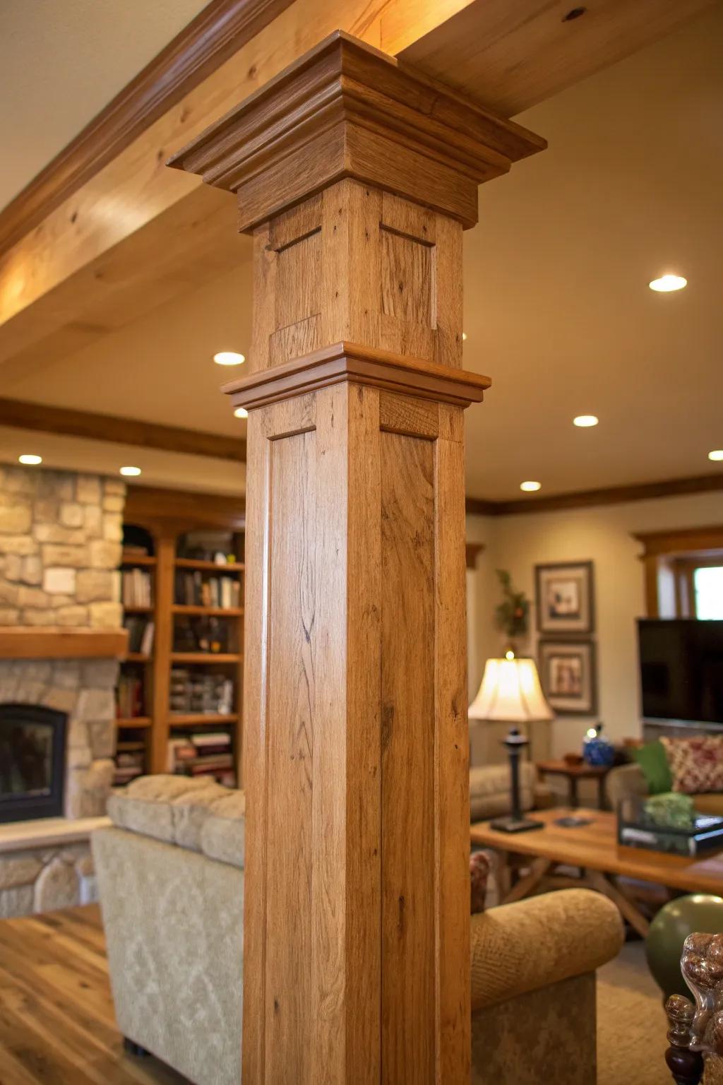 Organic timber columns introduce a cozy and unique ambiance.