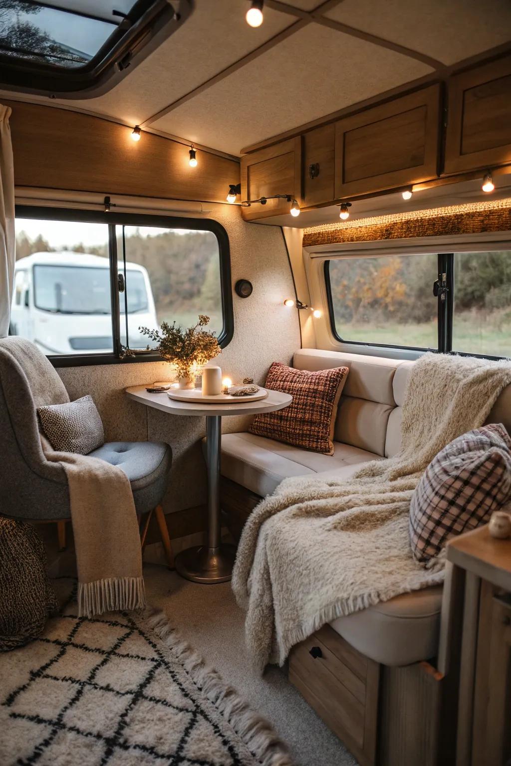 An inviting lounge spot ornamented with sumptuous cushions and gentle throws.