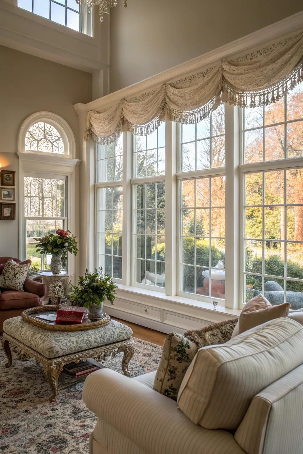 Expansive windows adorned with sophisticated alabaster trim illuminate a comfortable living area.