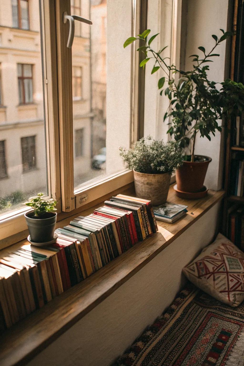 A window ledge evolved into an enchanting shelf, showcasing literature and verdure.