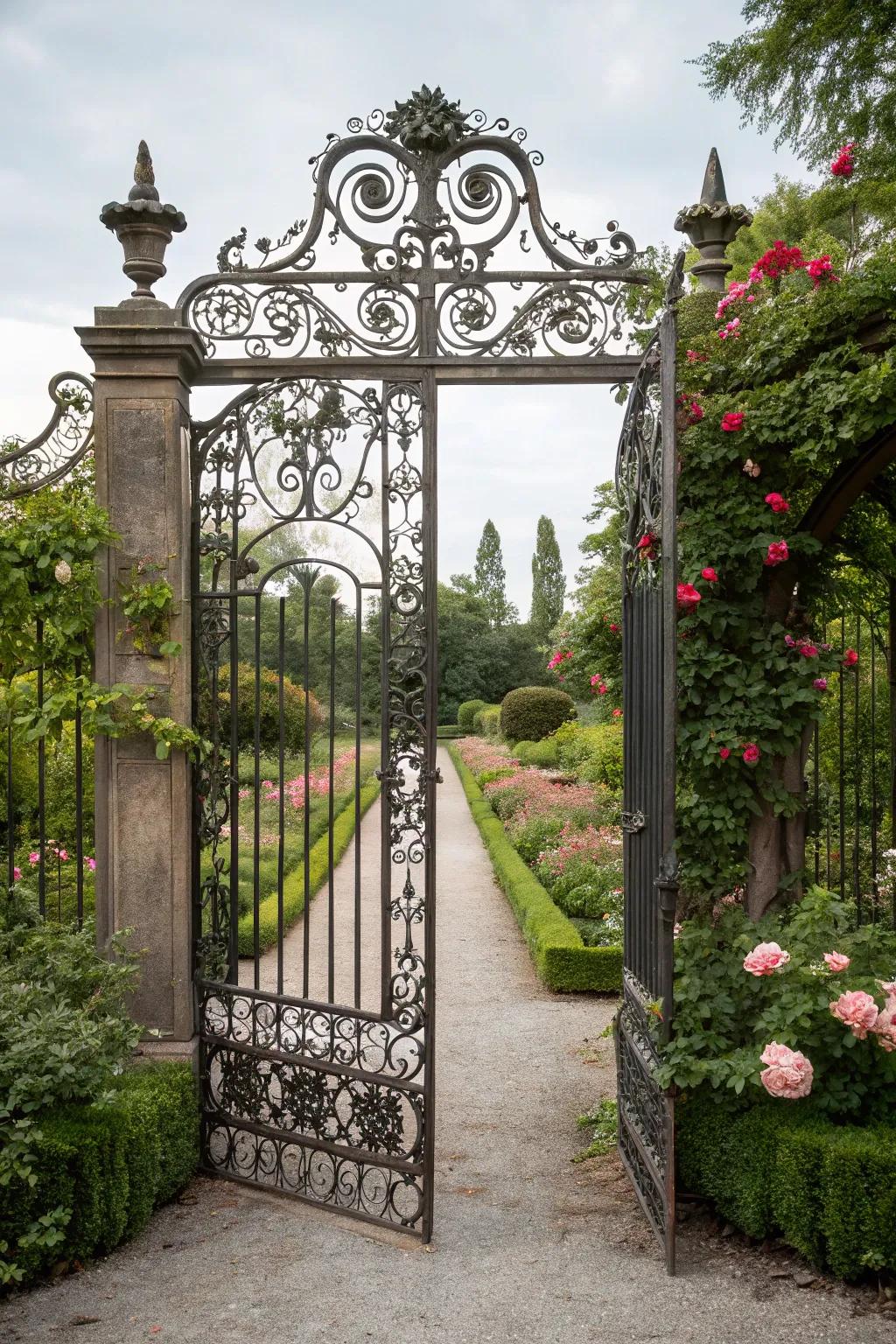 A garden entrance enhanced by an exquisitely ornate iron gate.
