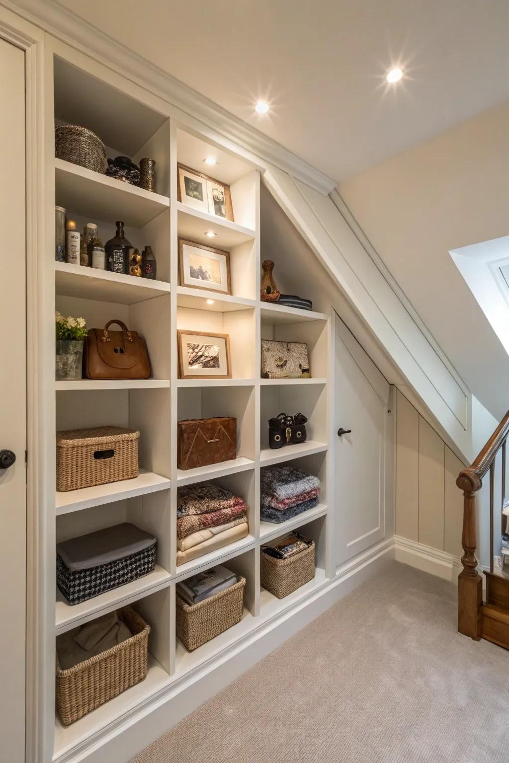 Tailored shelving flawlessly integrated into an angled closet wall.