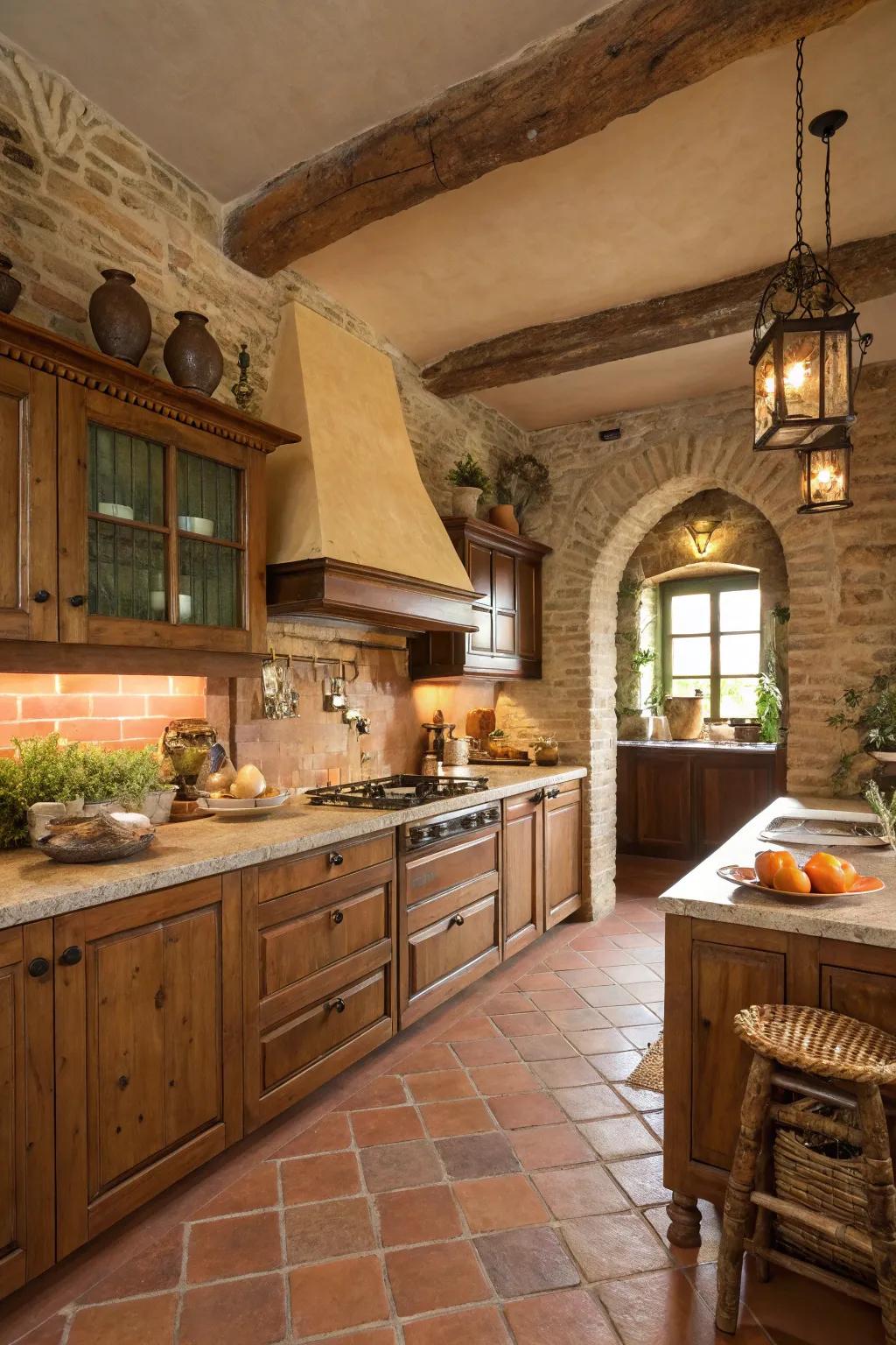 Warm tones and terracotta accents develop a cozy Italian cooking area atmosphere.