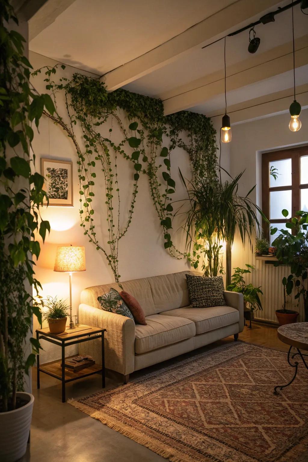 A living room revitalized by a flourishing, verdant cascade, fostering an atmosphere of serene tranquility.