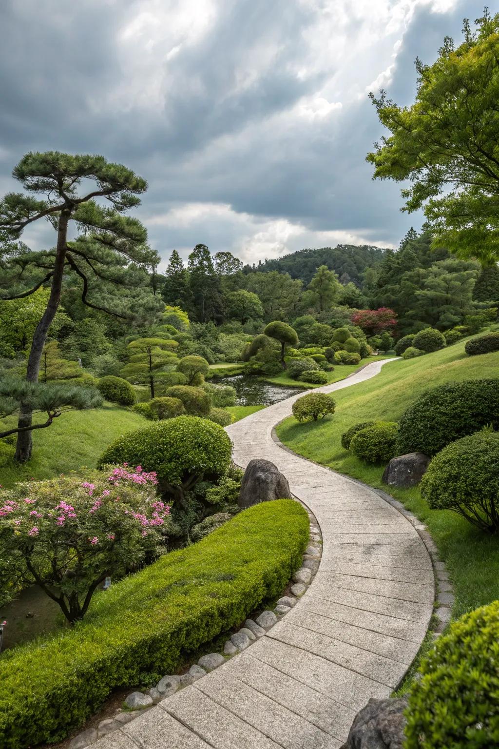 An attractive stone pathway elegantly meandering through a Japanese garden.