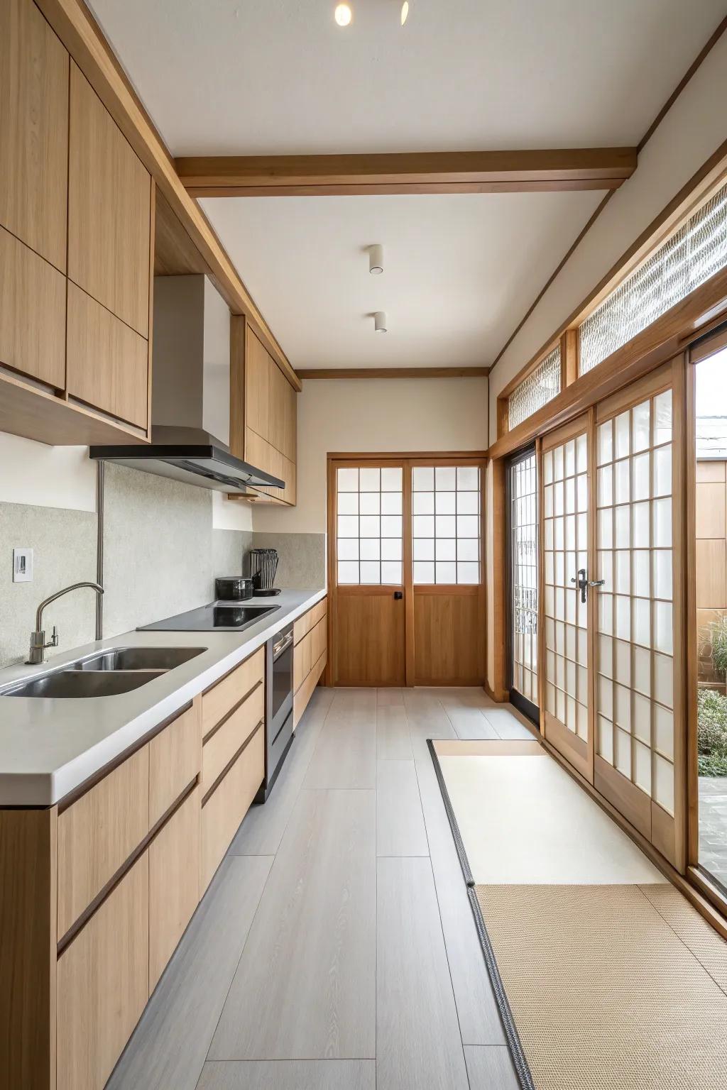 A minimalist Japanese kitchen where simplicity reigns supreme.