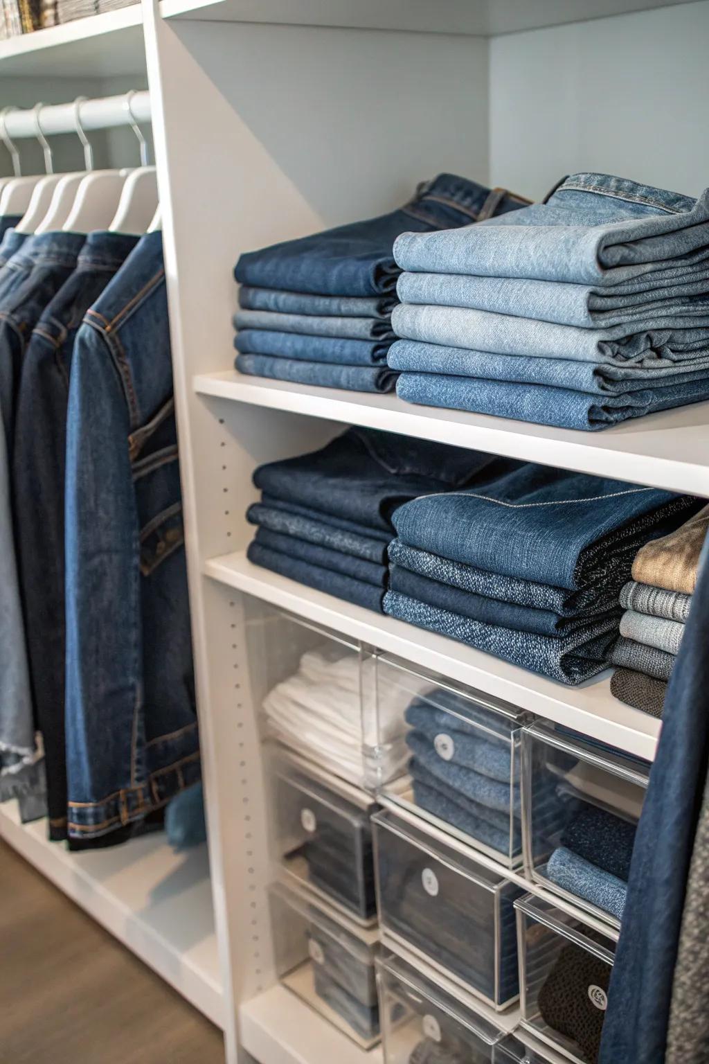 Utilize shelf separators to compartmentalize your closet shelves, creating an orderly jeans presentation.